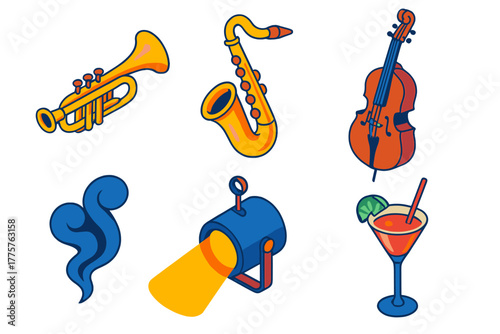 Jazz Club Icons. Isometric vector illustration set Jazz Club: Trumpet, Saxophone, Double Bass, Smoke, Spotlight, Cocktail Glass.