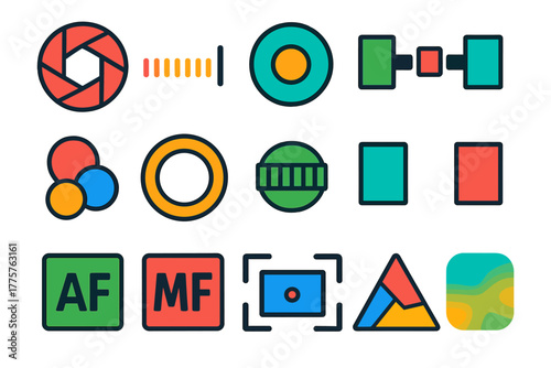 Modern Camera Icon Set. Flat vector icons of aperture and focus: aperture blades, f-stop scale, diaphragm symbol, shallow depth of