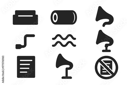 Early Audio Recording Icons. Solid style icons of Early Audio Recording: Dictaphone, Wax Cylinder, Stylus, Mouthpiece, Crank,