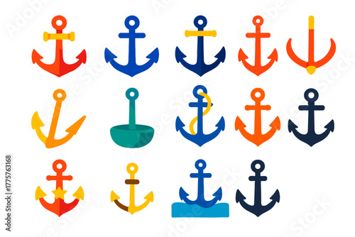 Vibrant Anchor Icons. Flat vector icons of anchors: classic admiralty anchor, modern stockless anchor, fluke anchor, grapnel