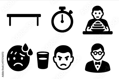 Eating Contest Icons. Solid style icons of Endurance Eating: Long Table, Stacks of Plates, Timer, Competitor, Sweating Face, Cup
