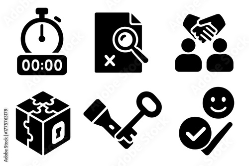 Escape Room Icons. Solid style icons of Escape Room: Countdown Timer, Hidden Clue, Locked Door, Teamwork, Puzzle Box, Flashlight,