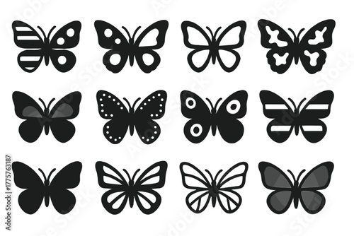 Butterfly Wing Icons. Solid style icons of butterfly patterns: striped wings, spotted wings, transparent wings, camouflaged wings,