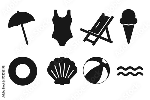 Seaside Essentials Icons. Solid style icons of Seaside Tradition: Parasol, Bathing Suit, Deck Chair, Ice Cream, Lifebuoy, Seashell