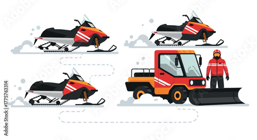 Winter adventure with snowmobiles and snowplow in flat design