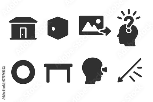 Visual Curiosity Icons. Solid style icons of Visual Curiosity: Dark Room, Pinhole, Projected Image, Wonder, Lens, Table, Viewer,