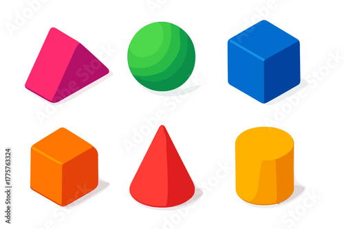 Vibrant 3D Geometric Shapes. Isometric vector illustration set 3D Shapes: triangular prism, circular sphere, cubic square,