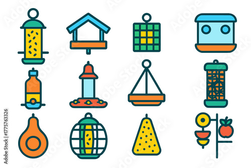 Modern Bird Feeder Icons. Flat vector icons of bird feeders: hanging tube feeder, platform feeder, suet cage, window feeder,