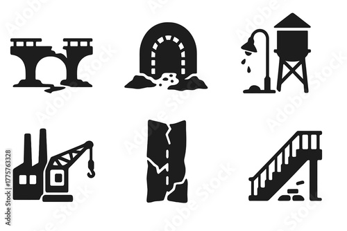 Forgotten Infrastructure Icons. Solid style icons of Forgotten Infrastructure: abandoned bridge, old tunnel, broken lamp post,