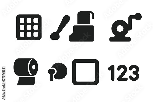Retro Calculator Icons. Solid style icons of Retro Calculation Tools: Keys, Lever, Printed Tape, Crank, Paper Roll, Knob, Frame,