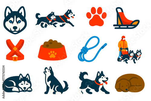 Sled Dogs Icons. Flat vector icons of sled dogs: husky face, sled dog team, dog paw print, dog sled, harness gear, dog food bowl,