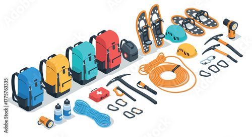 Essential isometric mountaineering equipment set for outdoor adventures