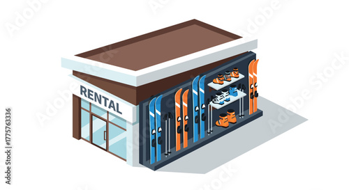 Isometric ski rental shop with equipment display on white background