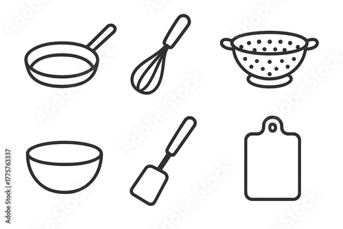 Kitchenware Line Icons. Line style icons of basic kitchenware: frying pan, whisk, colander, mixing bowl, spatula, cutting board.