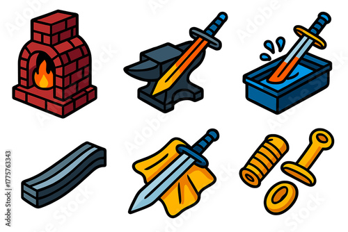 Swordmaking Essentials Icons. Isometric vector illustration set Swordmaking: Forge, Anvil, Quenching, Folded Steel, Polishing