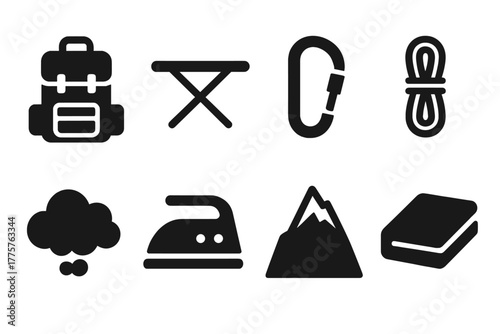 Mountain Ironing Icons. Solid style icons of Mountain Ironing: Backpack, Ironing Board, Carabiner, Rope, Steam Cloud, Iron, Cliff