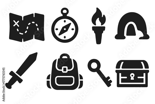 Adventure Quest Icons. Solid style icons of Adventure Quest: Map, Compass, Torch, Cave, Sword, Backpack, Key, Treasure, No text,