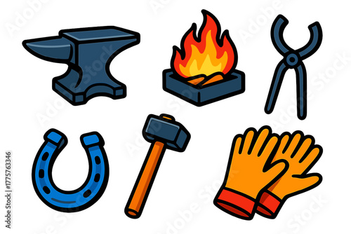 Blacksmith Tools Icons. Isometric vector illustration set Blacksmith Tools: metal anvil, curved tongs, forge fire, bent horseshoe,