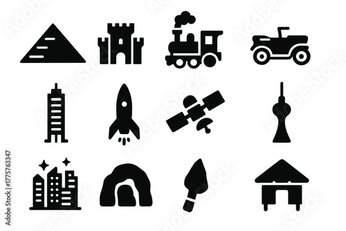Icons of Time. Solid style icons of time eras: pyramid, castle, steam locomotive, early car, skyscraper, rocket, satellite,