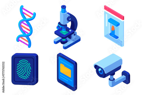 Forensic Investigation Essentials. Isometric vector illustration set Modern Forensic Investigation: glowing DNA, electron