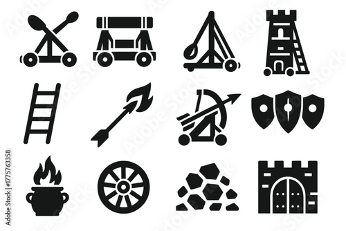 Medieval Siege Icons. Solid style icons of medieval siege: catapult, battering ram, trebuchet, siege tower, ladder, flaming arrow,