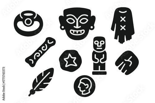 Ancient Cultural Artifacts. Solid style icons of Cultural Remains: Ancient Jewelry, Ritual Mask, Burial Cloth, Carved Bone, Wooden