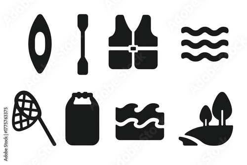 River Journey Icons. Solid style icons of river journey: canoe, paddle, life jacket, flowing water, fishing net, waterproof bag,