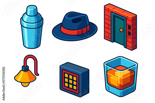 Speakeasy Elements Icons. Isometric vector illustration set Speakeasy: Cocktail Shaker, Fedora, Hidden Door, Secret Password, Dim