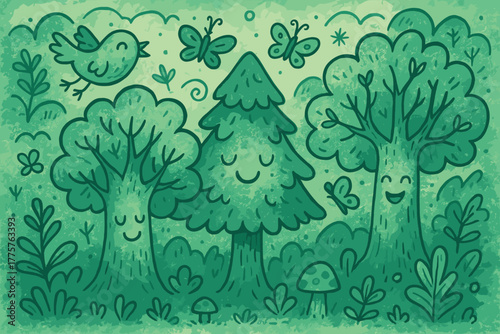 Magical Smaragdine Forest. A doodle illustration of a magical forest painted in smaragdine hues, with happy trees, giggling birds,