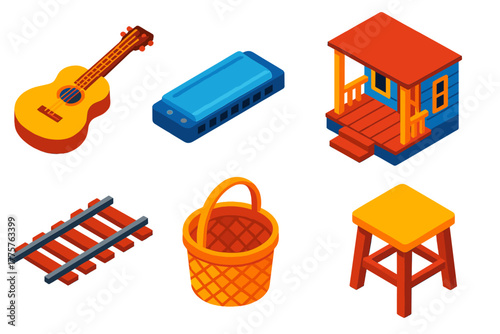 Delta Blues Elements. Isometric vector illustration set Delta Blues: Acoustic Guitar, Harmonica, Porch, Railroad Track, Straw