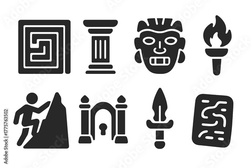 Ancient Challenge Icons. Solid style icons of Ancient Challenges: labyrinth, stone pillar, ritual mask, torch, mountain climb,