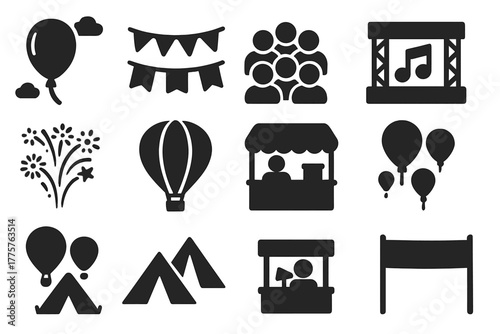 Festival Parade Icons. Solid style icons of festival balloons: parade balloon, decorative flags, crowd, music stage, fireworks,