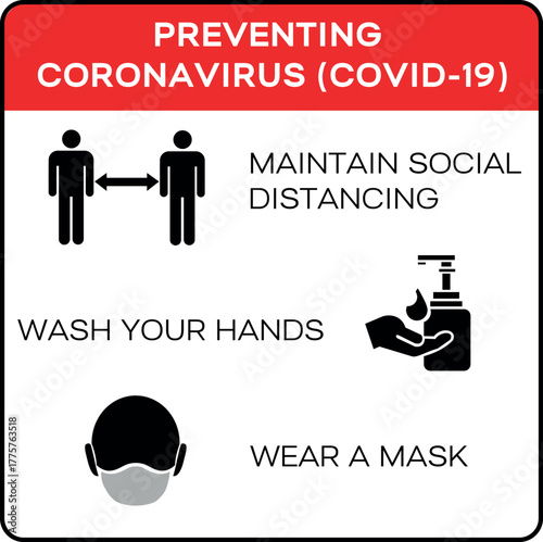A powerful conceptual image promoting the message “Stop the Spread of the Virus.” It emphasizes key safety measures — maintain distance, wear a mask, and wash hands — to prevent the spread of COVID-19