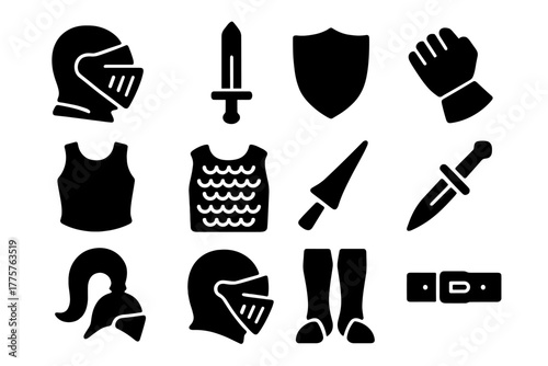 Knight Essentials Icons. Solid style icons of knight essentials: helmet, sword, shield, gauntlet, breastplate, chainmail, lance,