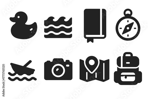 Floating Toy Icons. Solid style icons of Floating Toy Adventures: Rubber Duck, Ocean Waves, Travel Log, Compass, Mini Boat, Camera