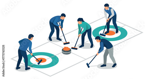 Curling team strategy isometric view of players engaged in dynamic competition on ice