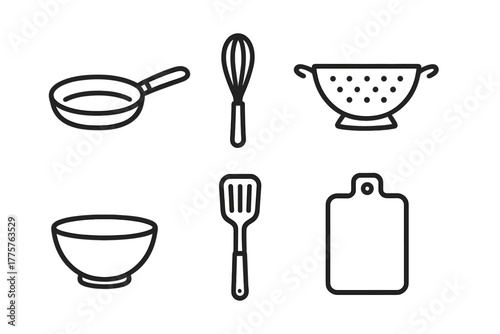 Kitchenware Line Icons. Line style icons of basic kitchenware: frying pan, whisk, colander, mixing bowl, spatula, cutting board.