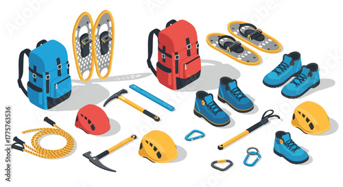 Comprehensive mountaineering gear set in isometric style for outdoor adventures