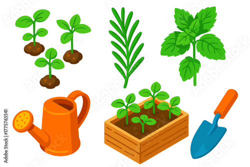 Herbal Farming Icons. Isometric vector illustration set Herbal Farming: basil sprouts, rosemary stem, mint herb, watering can,