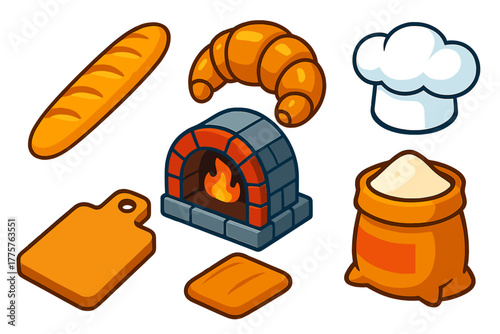 Isometric Bakery Icons. Isometric vector illustration set Artisan Bread Shop: crusty baguette, buttery croissant, stone oven,