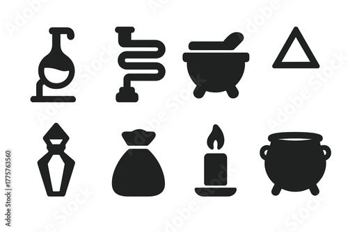 Alchemical Lab Icons. Solid style icons of Alchemical Lab: Retort Flask, Distillation Coil, Stone Mortar, Elemental Symbol,