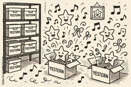 Joyful Archive Room. A doodle scene of a joyful archive room where boxes labeled “yestern” open up to reveal smiling stars, notes,