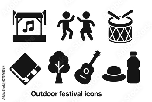 Outdoor Festival Icons. Solid style icons of Outdoor Festivals: Music Stage, Dancing, Drum, Blanket, Tree, Guitar, Hat, Water