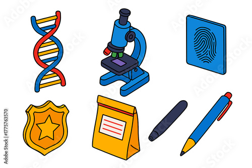 Criminal Investigation Icons. Isometric vector illustration set Criminal Investigation: DNA spiral, crime lab microscope, labeled