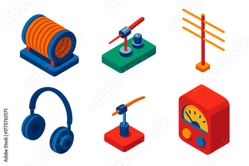 Crystal Radio Components. Isometric vector illustration set Crystal Radio: Tuning Coil, Crystal Detector, Earphone, Wire Aerial,