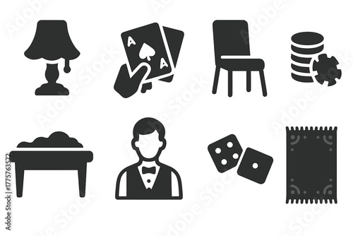 Silent Gambling Icons. Solid style icons of Silent Gambling Night: Dim Lamp, Card Hand, Empty Chair, Old Chips, Dusty Table, Lone
