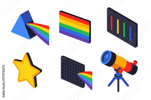 Spectral Analysis Icons. Isometric vector illustration set Spectral Analysis: Prism, Light Spectrum, Emission Line, Star,