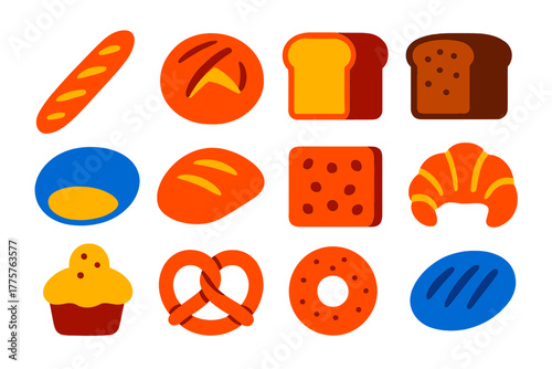 Colorful Bread Icons. Flat vector icons of bread types: baguette, sourdough loaf, sliced bread, rye bread, pita bread, ciabatta,