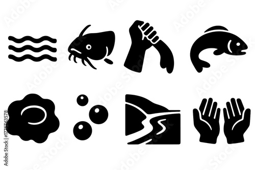 Muddy River Icons. Solid style icons of Muddy River Catch: Water Surface, Catfish Head, Gripping Arm, Slippery Body, Murky Hole,