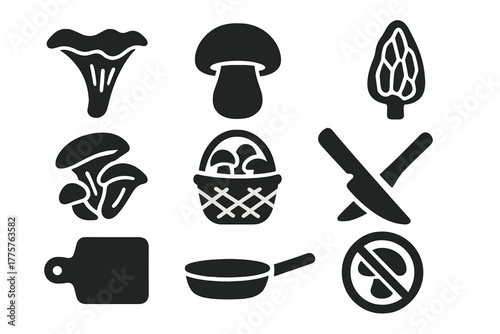 Edible Mushroom Icons. Solid style icons of Edible Mushrooms: Chanterelle, Porcini, Morel, Oyster, Basket, Cutting Knife, Wooden